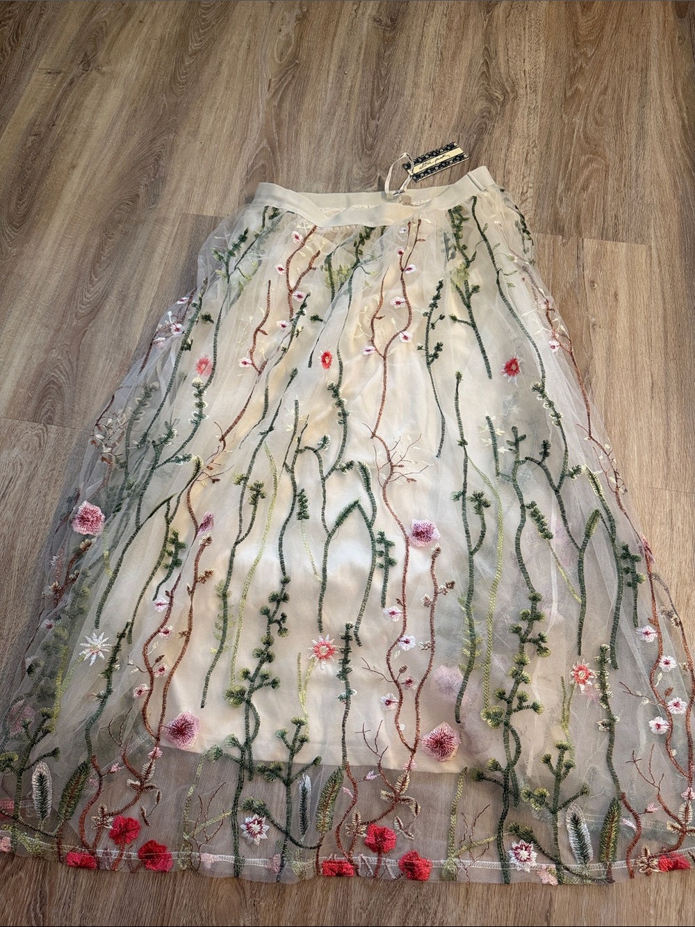 Ultra Pink Embroidered floral Cream Maxi Skirt with Pink & Green Floral Motif
